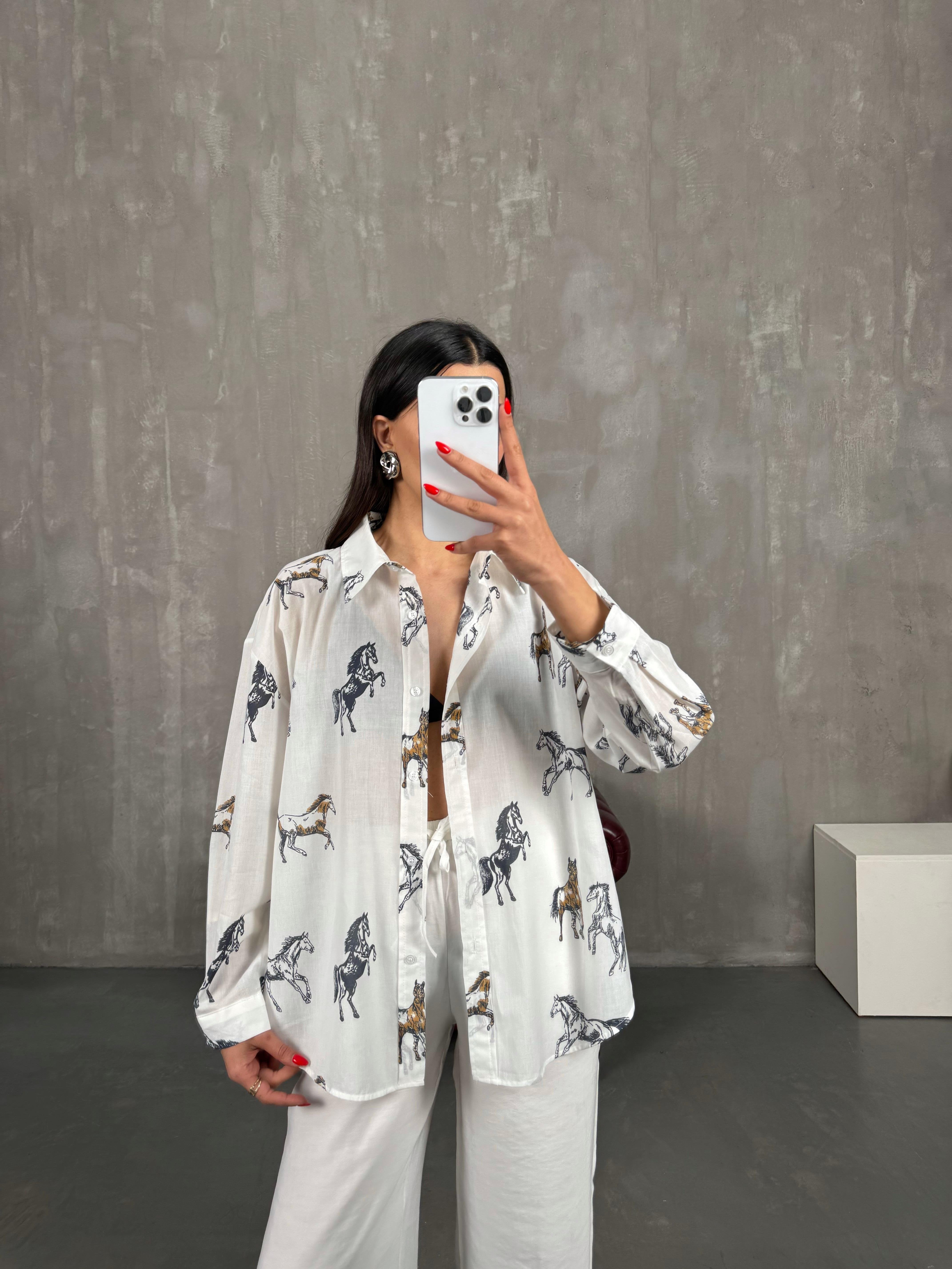 Patterned White Horse Linen Blend Shirt