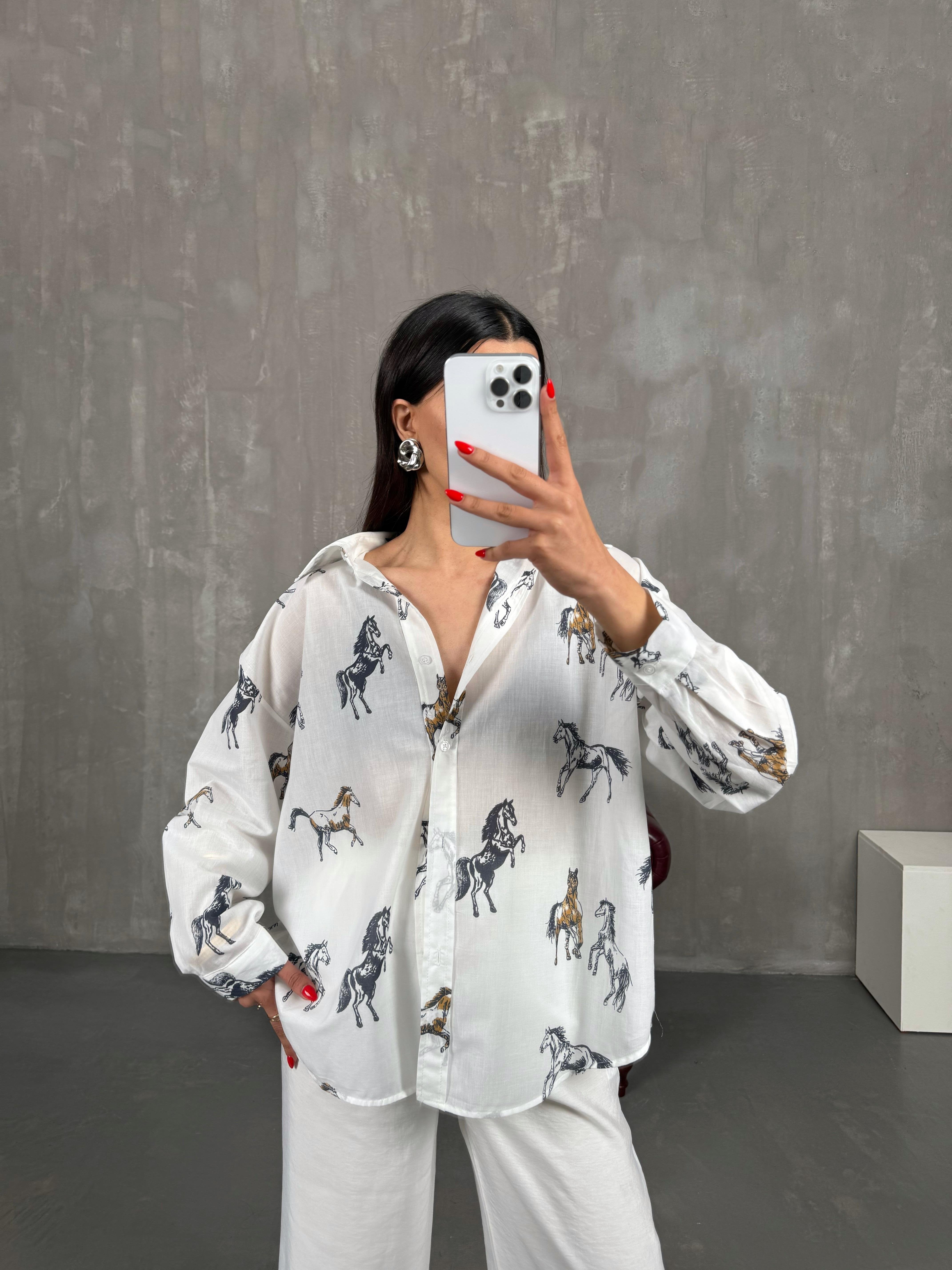Patterned White Horse Linen Blend Shirt