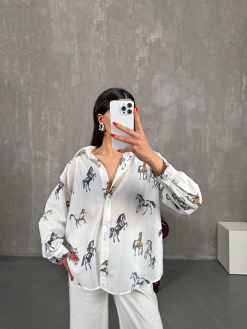 Patterned White Horse Linen Blend Shirt