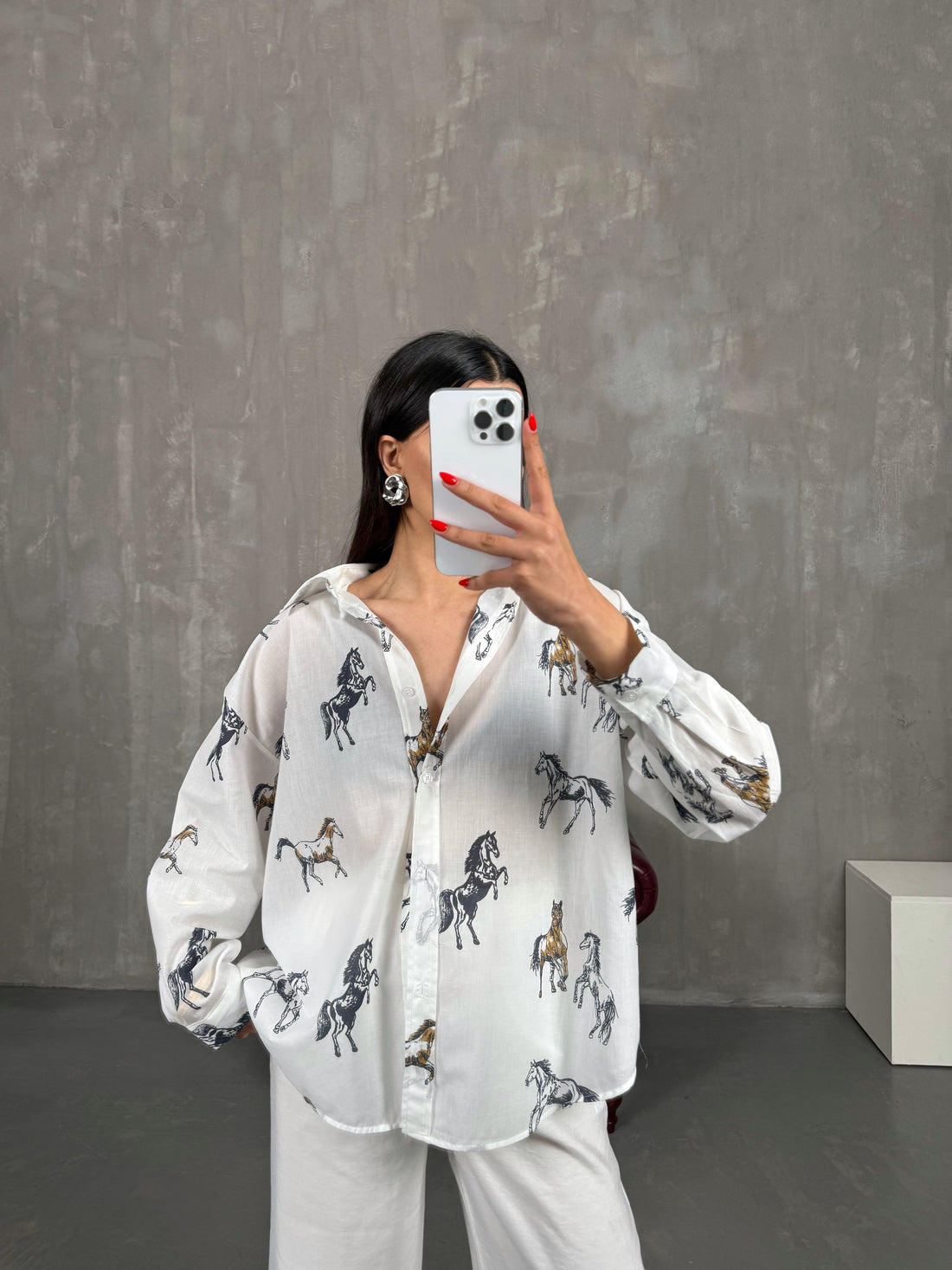 Patterned White Horse Linen Blend Shirt