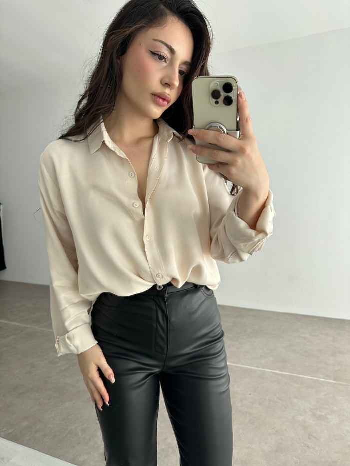 Silk Satin Draped Champagne Shirt