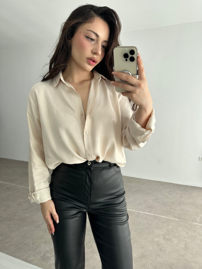Silk Satin Draped Champagne Shirt