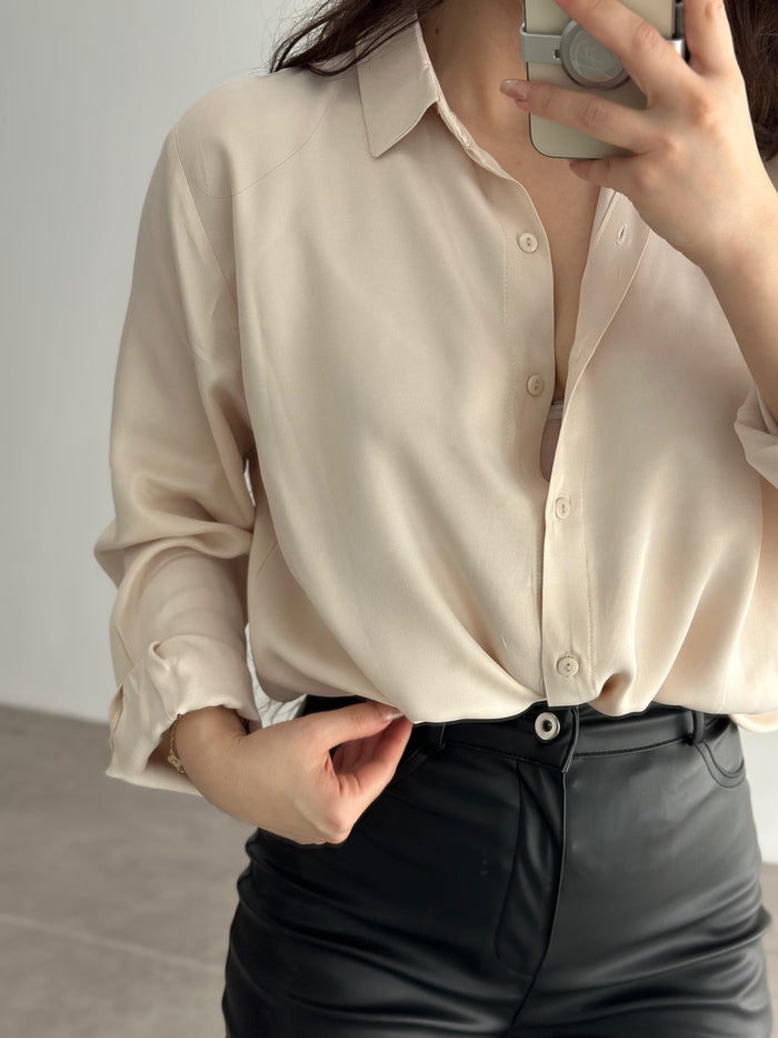 Silk Satin Draped Champagne Shirt