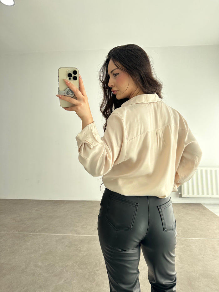 Silk Satin Draped Champagne Shirt