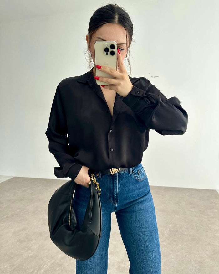 Silk Satin Draped Black Shirt