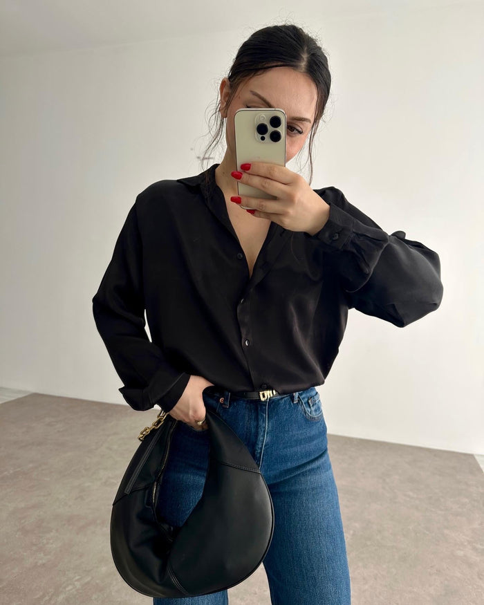 Silk Satin Draped Black Shirt