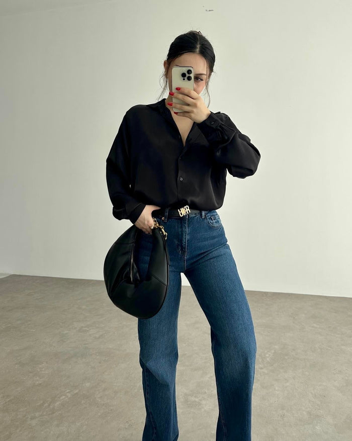 Silk Satin Draped Black Shirt