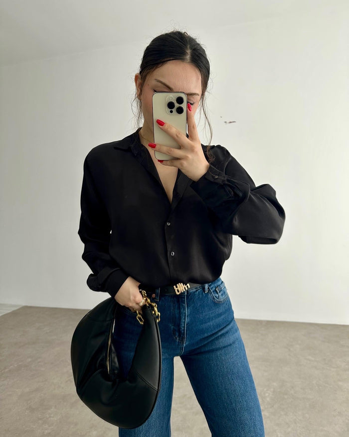 Silk Satin Draped Black Shirt