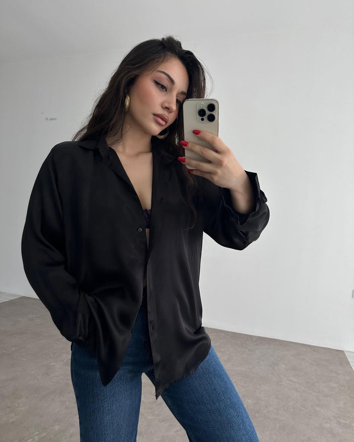 Silk Satin Draped Black Shirt