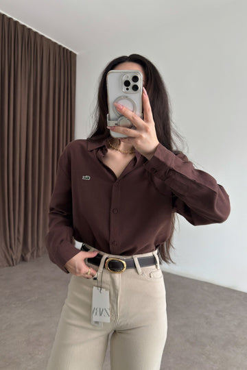 Lcst Styled Linen Straight Cut Brown Shirt