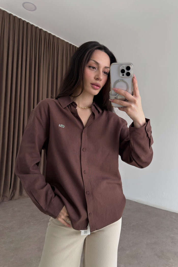 Lcst Styled Linen Straight Cut Brown Shirt