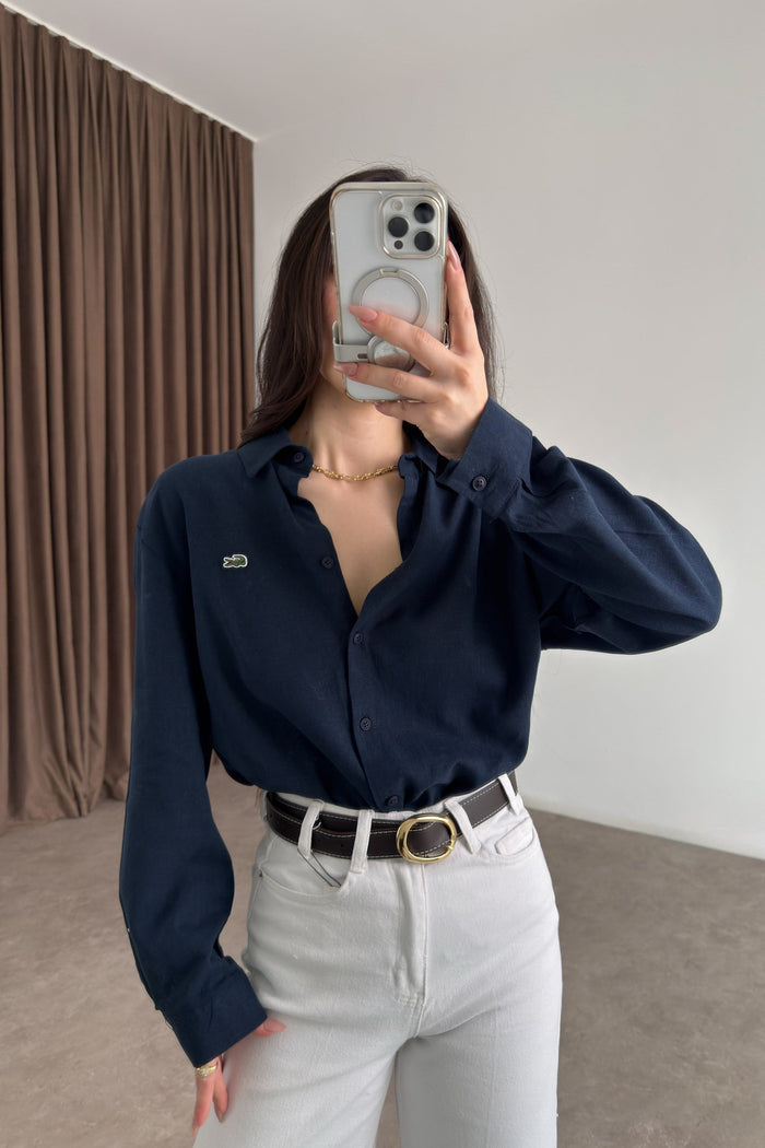 Lcst Styled Linen Straight Cut Navy Shirt