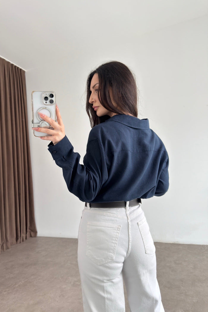 Lcst Styled Linen Straight Cut Navy Shirt