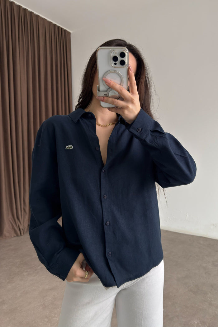 Lcst Styled Linen Straight Cut Navy Shirt