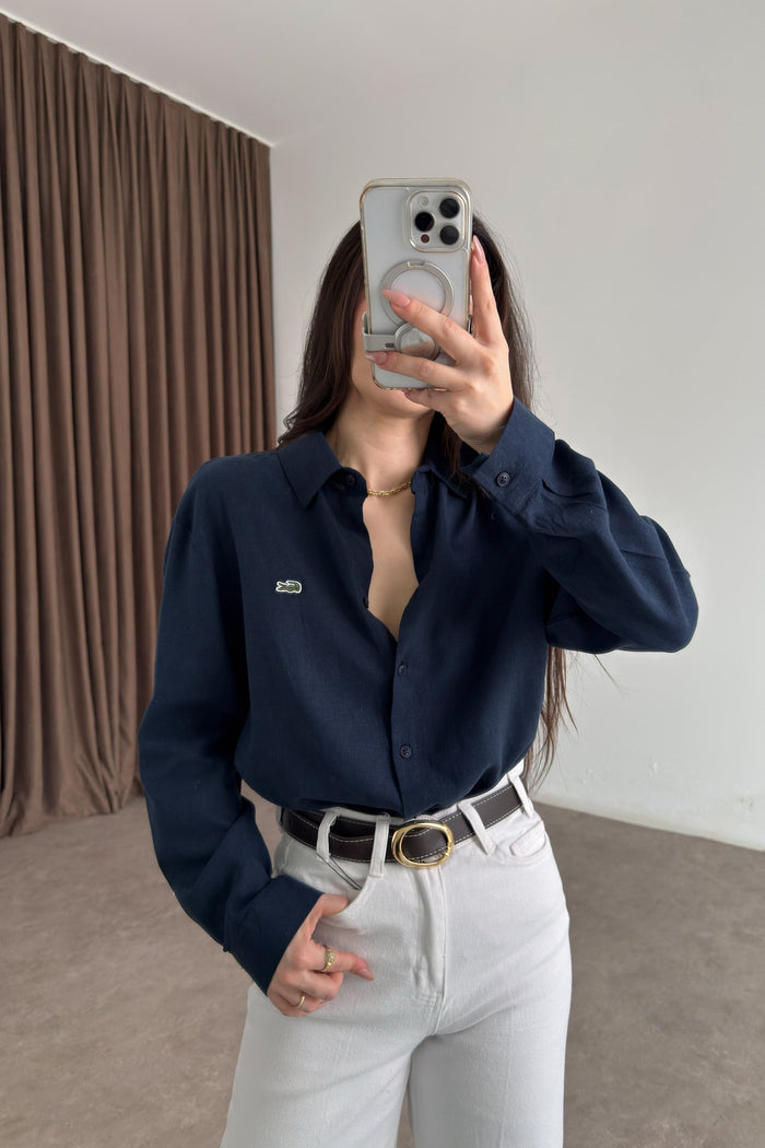 Lcst Styled Linen Straight Cut Navy Shirt