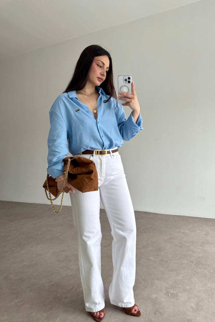 Lcst Styled Linen Straight Cut Blue Shirt