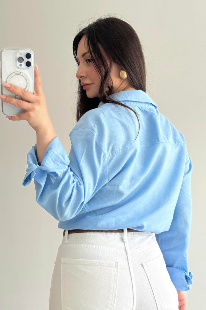 Lcst Styled Linen Straight Cut Blue Shirt