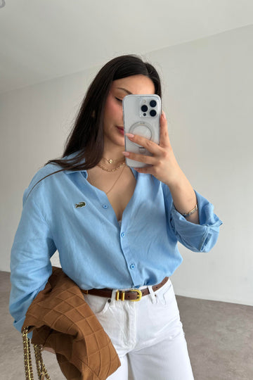 Lcst Styled Linen Straight Cut Blue Shirt