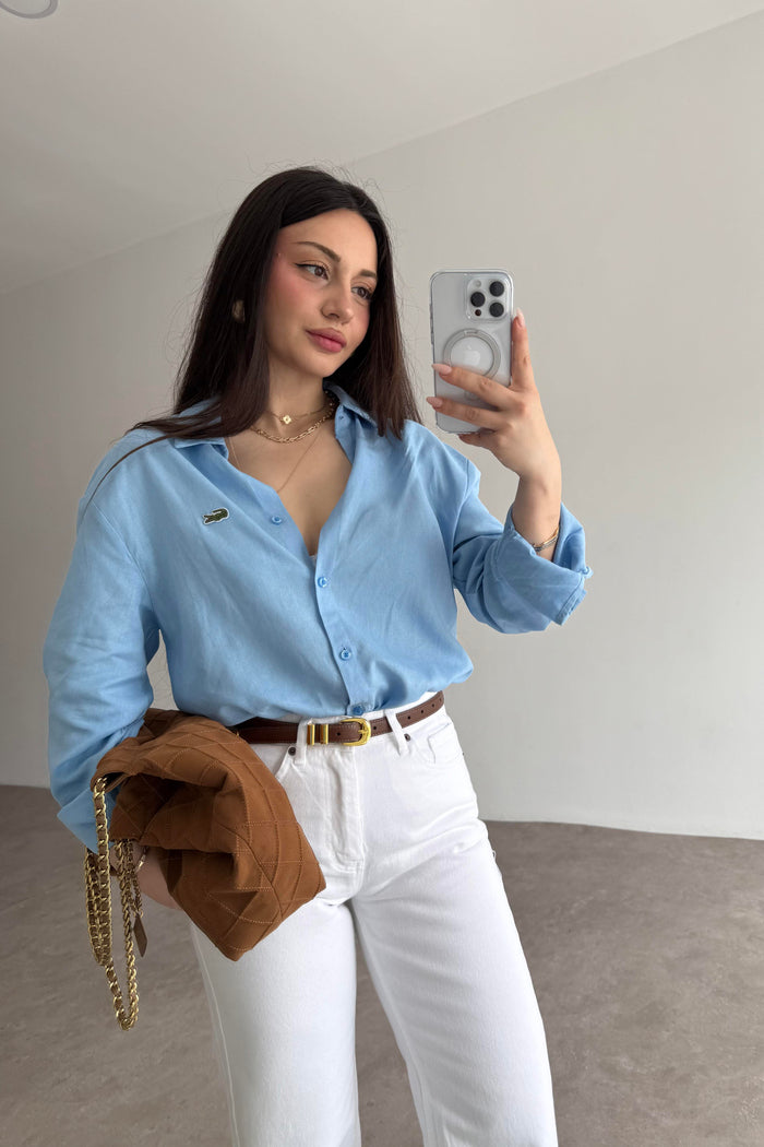 Lcst Styled Linen Straight Cut Blue Shirt