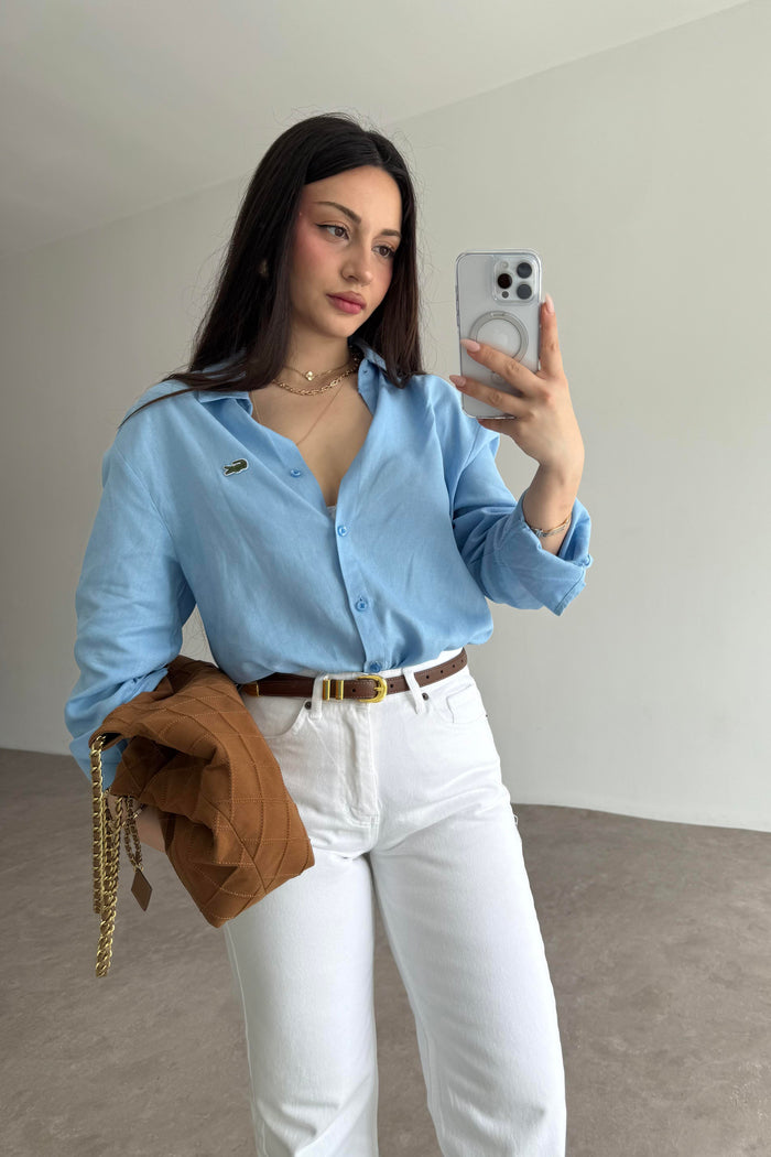 Lcst Styled Linen Straight Cut Blue Shirt