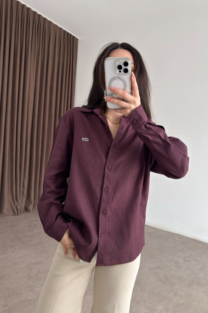 Lcst Styled Linen Straight Cut Plum Shirt