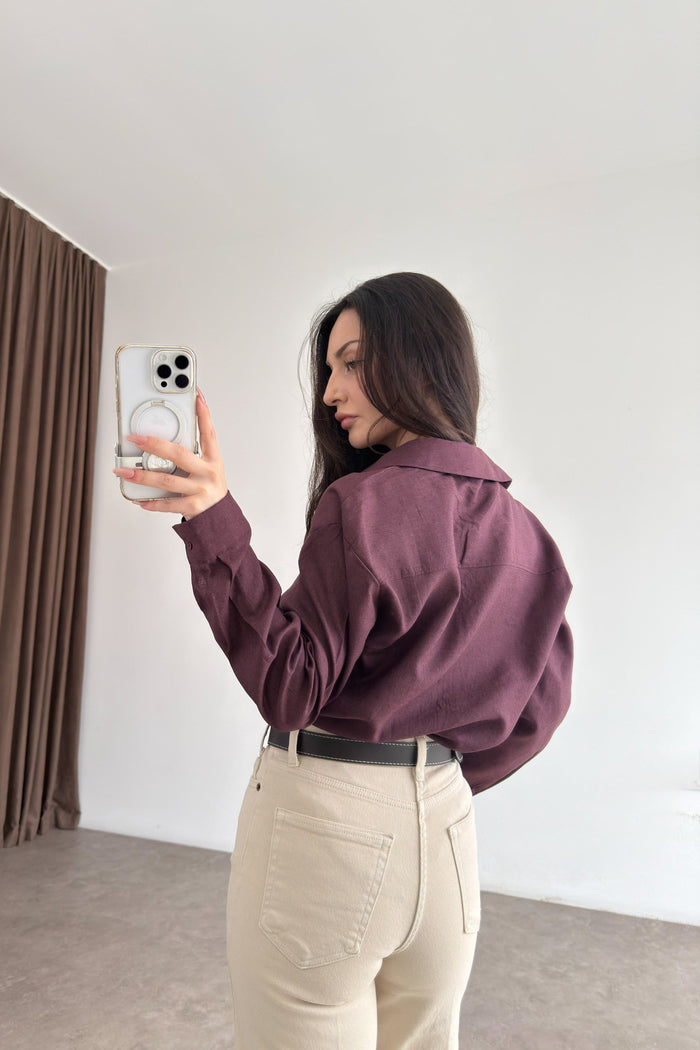 Lcst Styled Linen Straight Cut Plum Shirt