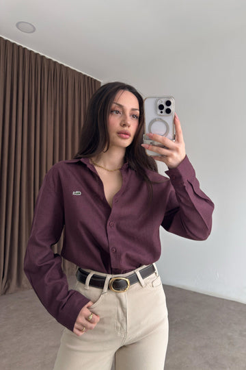Lcst Styled Linen Straight Cut Plum Shirt