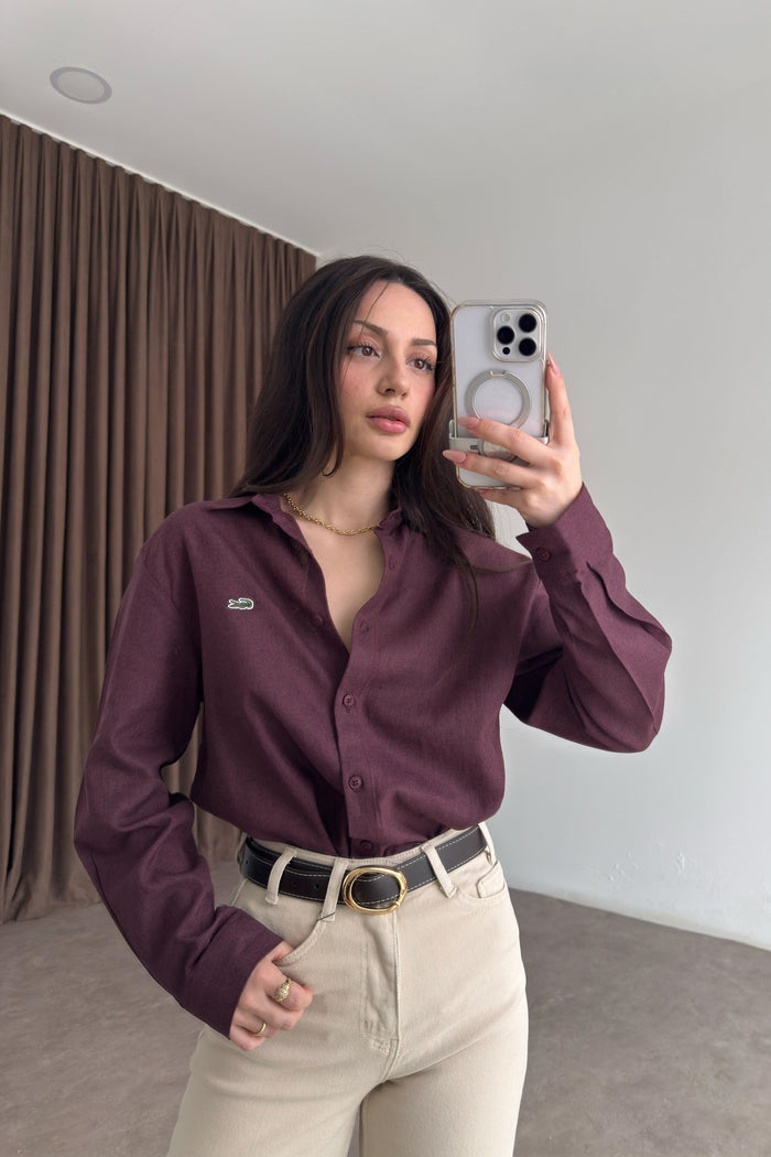Lcst Styled Linen Straight Cut Plum Shirt