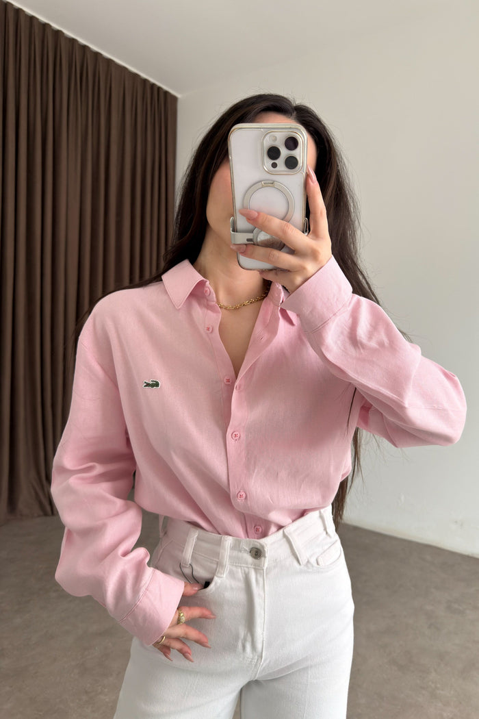 Lcst Styled Linen Straight Cut Pink Shirt