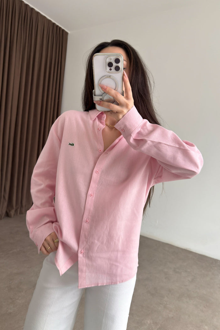Lcst Styled Linen Straight Cut Pink Shirt