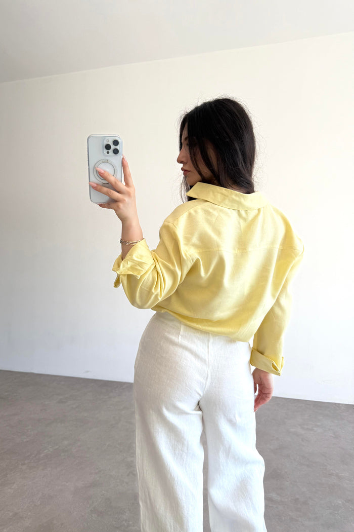 Lcst Styled Linen Straight Cut Yellow Shirt