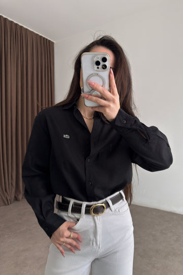 Lcst Styled Linen Straight Cut Black Shirt
