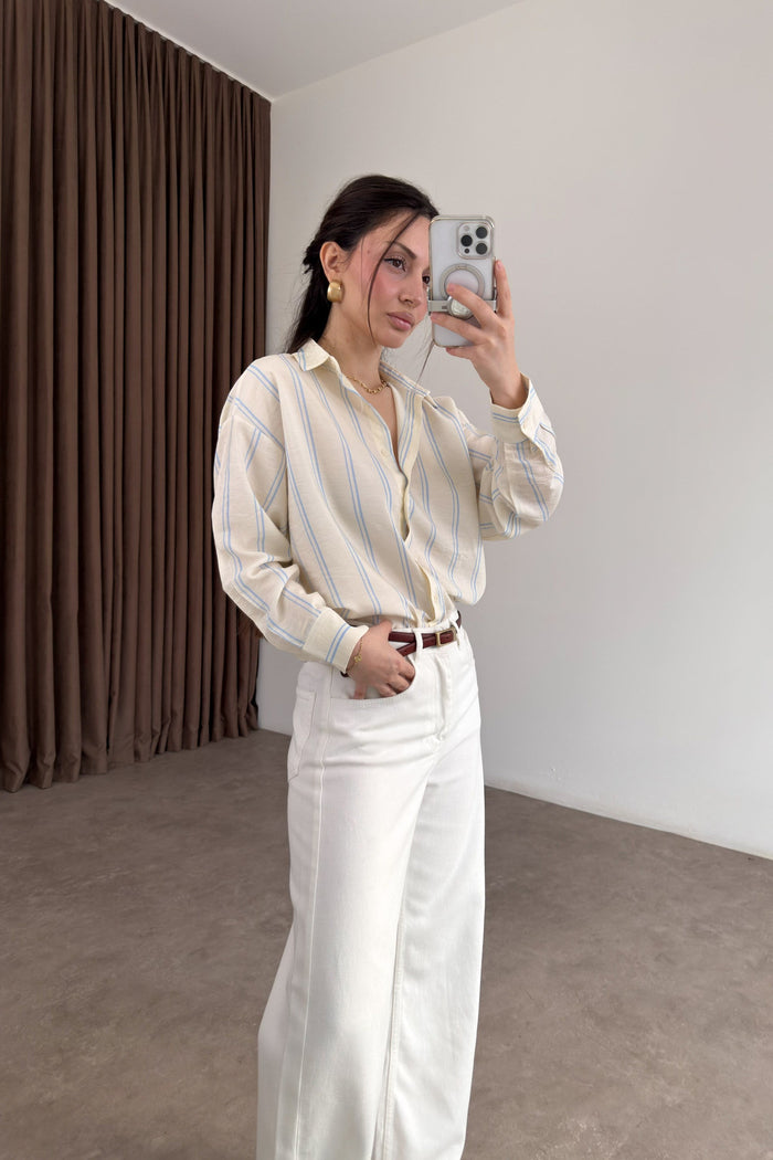 Blue Striped Tencel Off-White Shirt