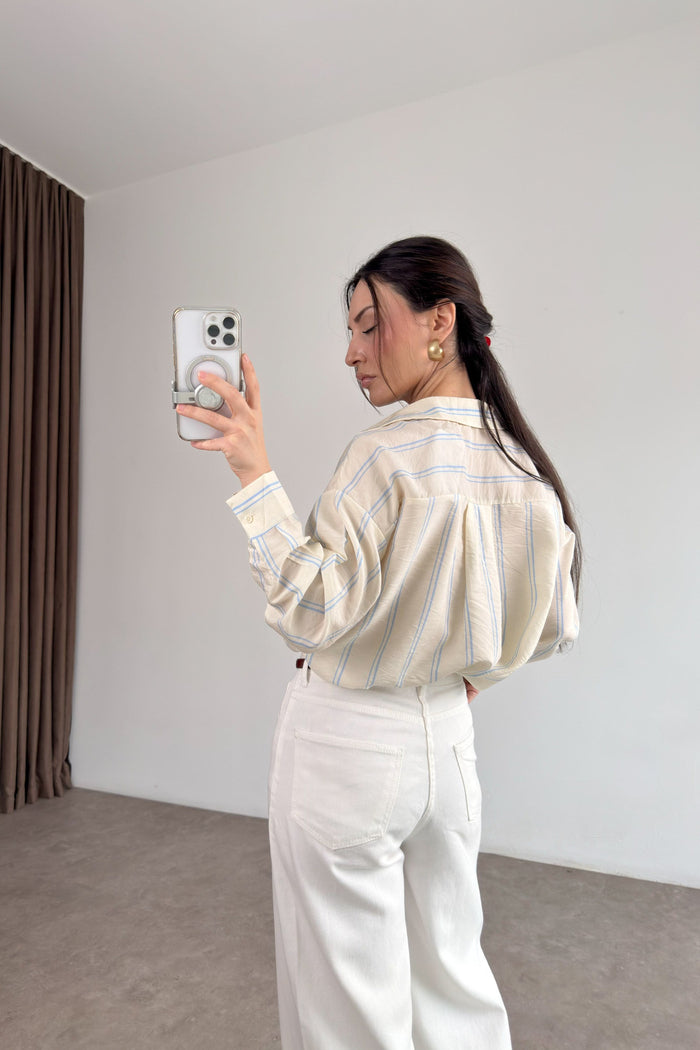 Blue Striped Tencel Off-White Shirt