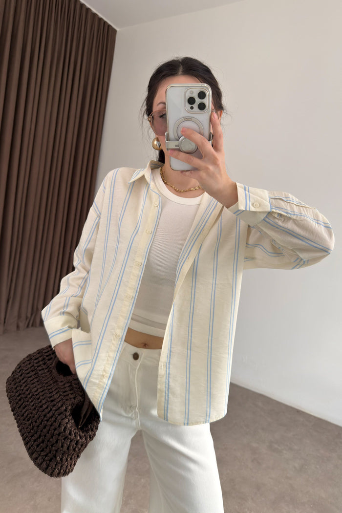 Blue Striped Tencel Off-White Shirt