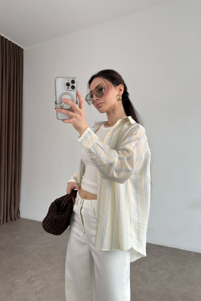 Blue Striped Tencel Off-White Shirt