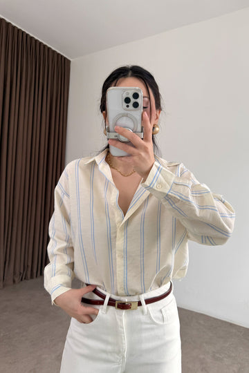 Blue Striped Tencel Off-White Shirt