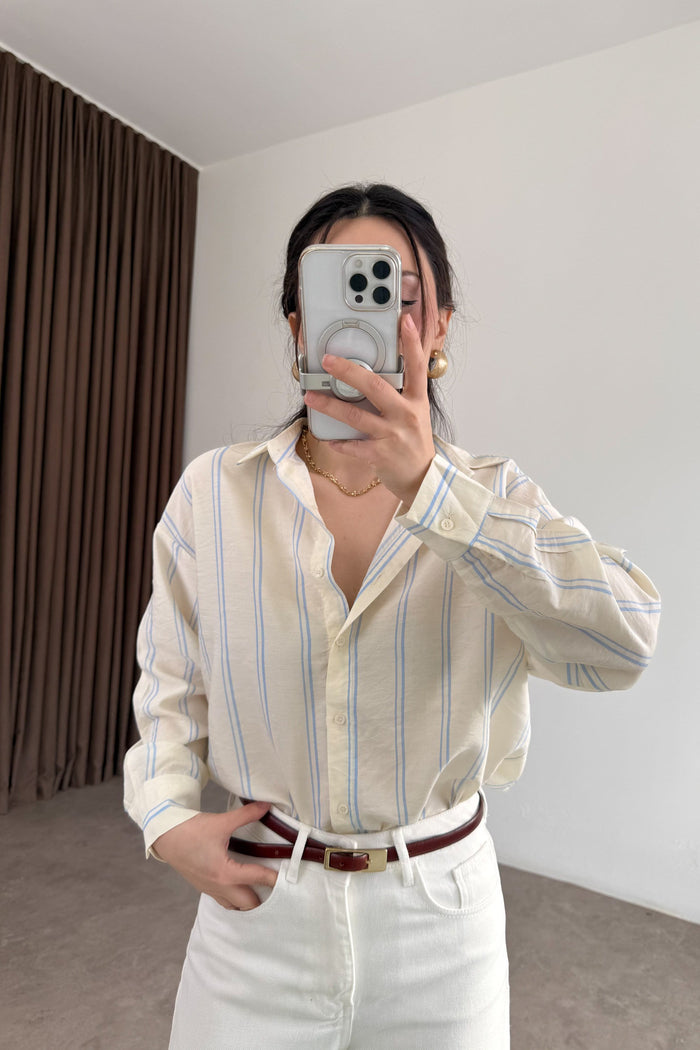 Blue Striped Tencel Off-White Shirt