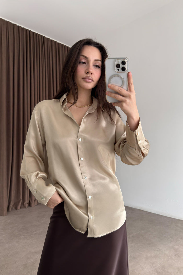 Mother-of-Pearl Buttoned Premium Satin Beige Shirt