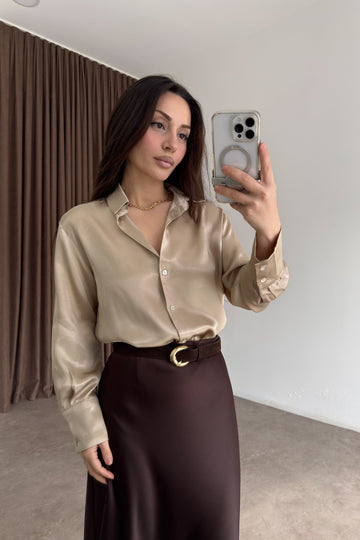 Mother-of-Pearl Buttoned Premium Satin Beige Shirt