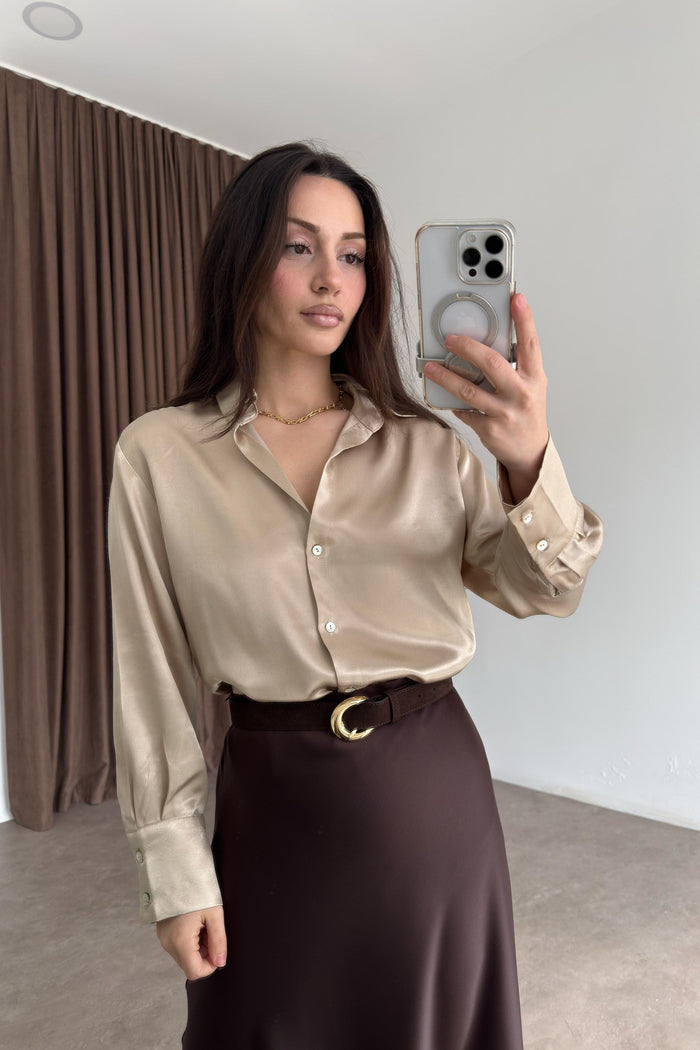 Mother-of-Pearl Buttoned Premium Satin Beige Shirt