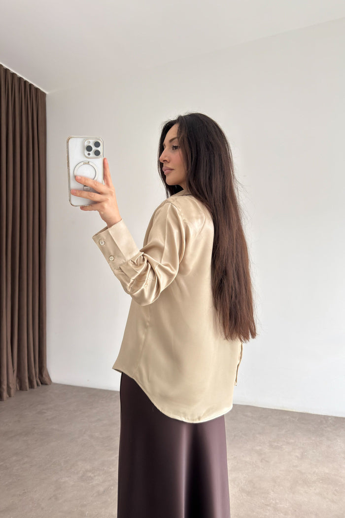 Mother-of-Pearl Buttoned Premium Satin Beige Shirt