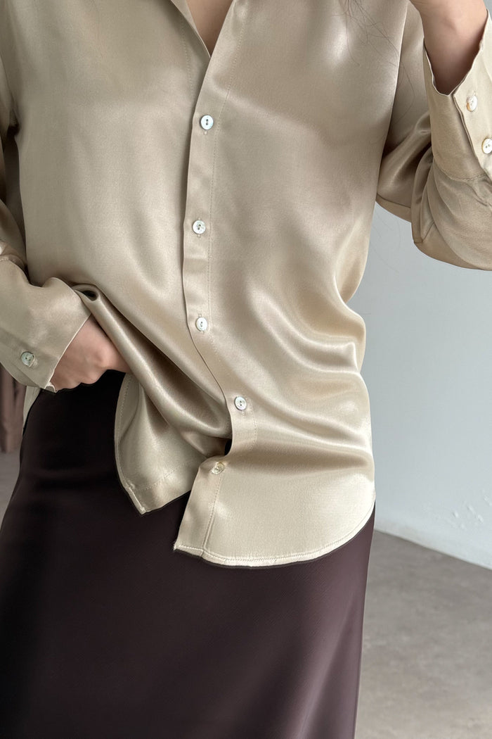 Mother-of-Pearl Buttoned Premium Satin Beige Shirt