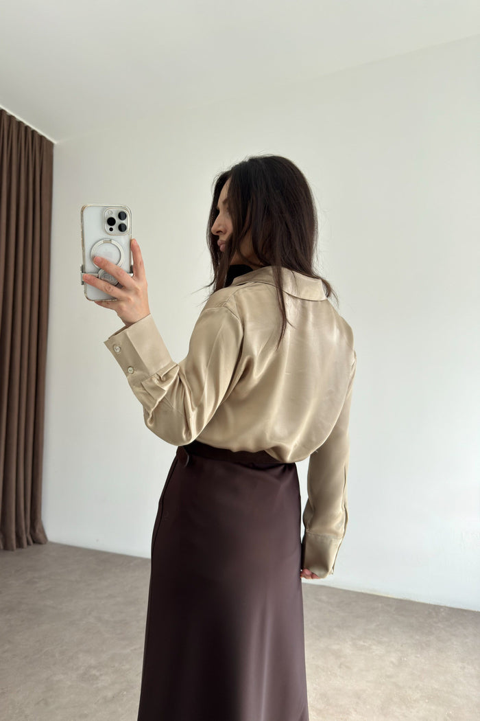 Mother-of-Pearl Buttoned Premium Satin Beige Shirt