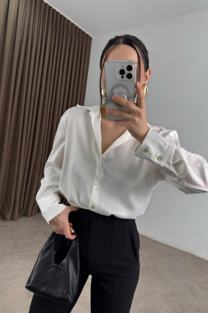 Mother-of-Pearl Buttoned Premium Satin White Shirt
