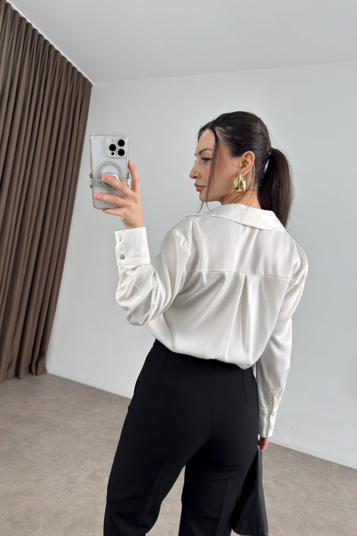 Mother-of-Pearl Buttoned Premium Satin White Shirt