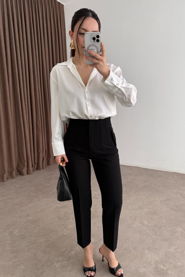 Mother-of-Pearl Buttoned Premium Satin White Shirt