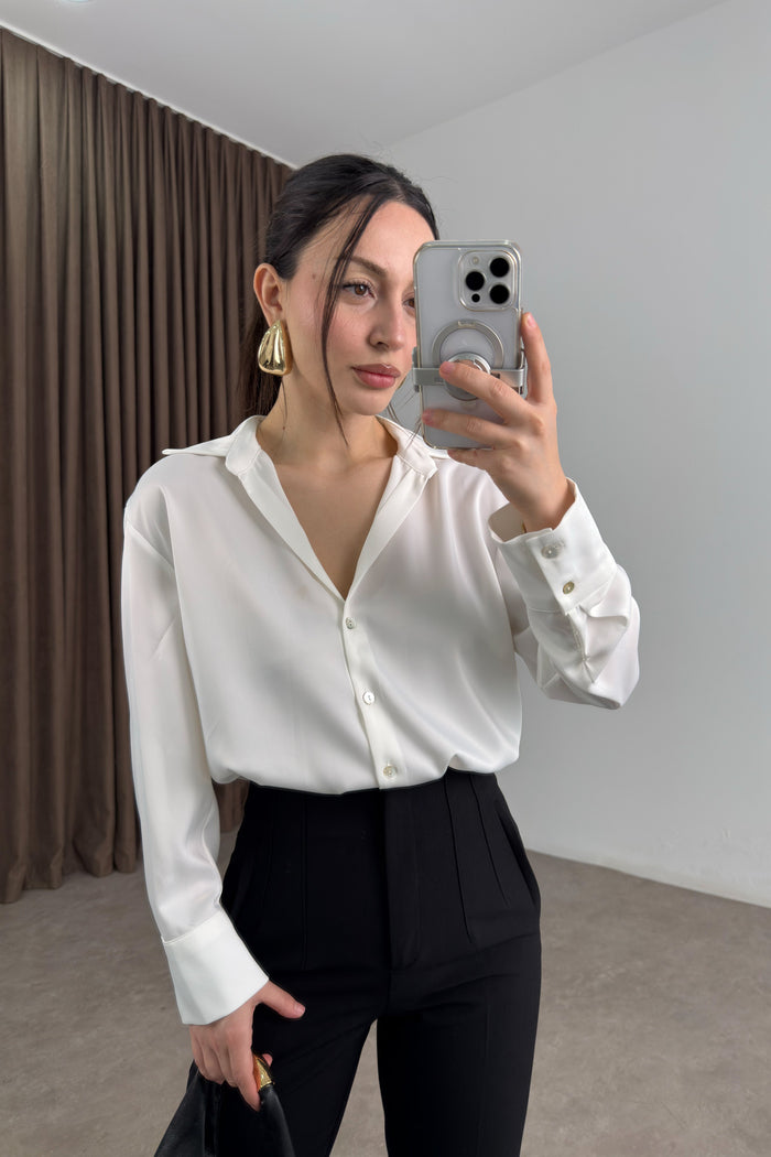 Mother-of-Pearl Buttoned Premium Satin White Shirt