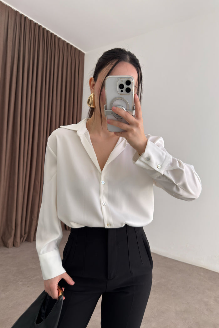 Mother-of-Pearl Buttoned Premium Satin White Shirt