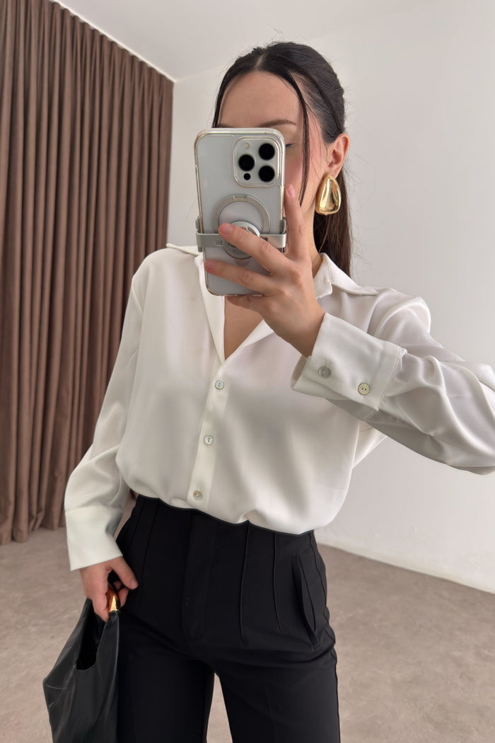 Mother-of-Pearl Buttoned Premium Satin White Shirt
